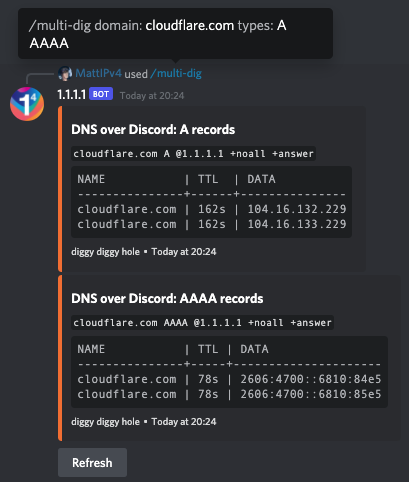 multi-dig domain: cloudflare.com types: A AAAA