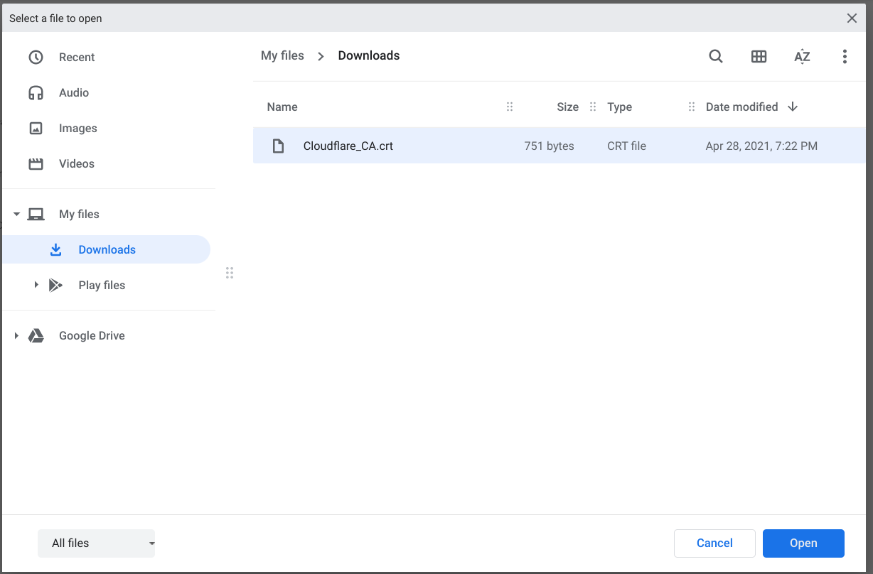 Choose the Cloudflare_CA.crt file to install