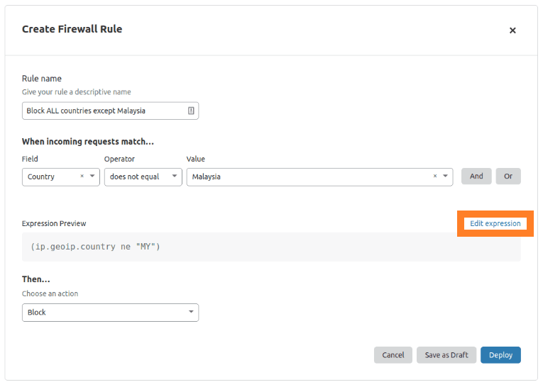 Edit Expression link in Create Firewall Rule page