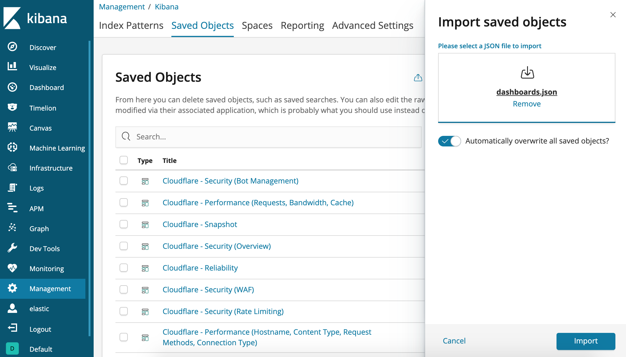 Elastic Kibana saved objects import