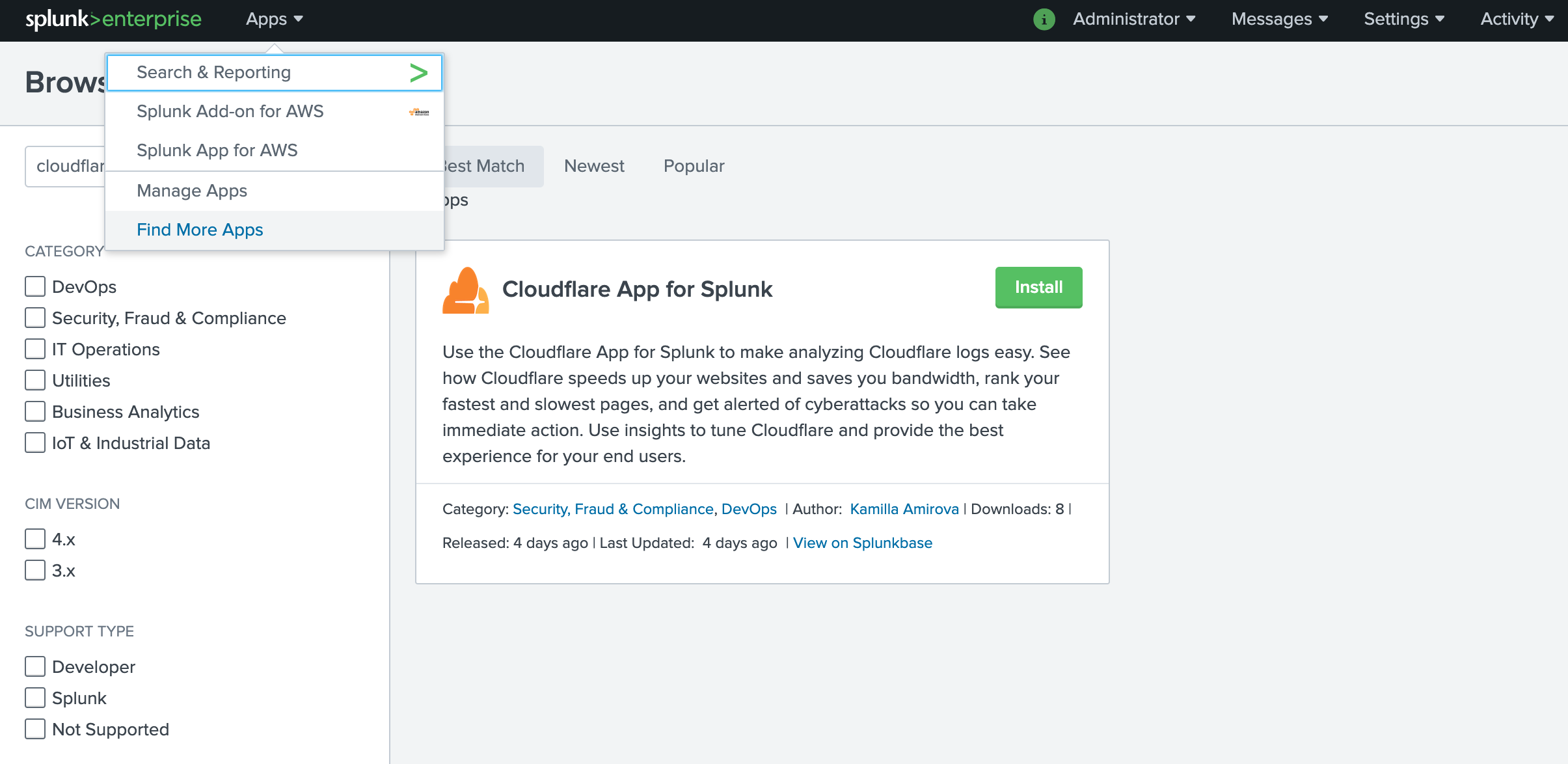 Splunk find Cloudflare app