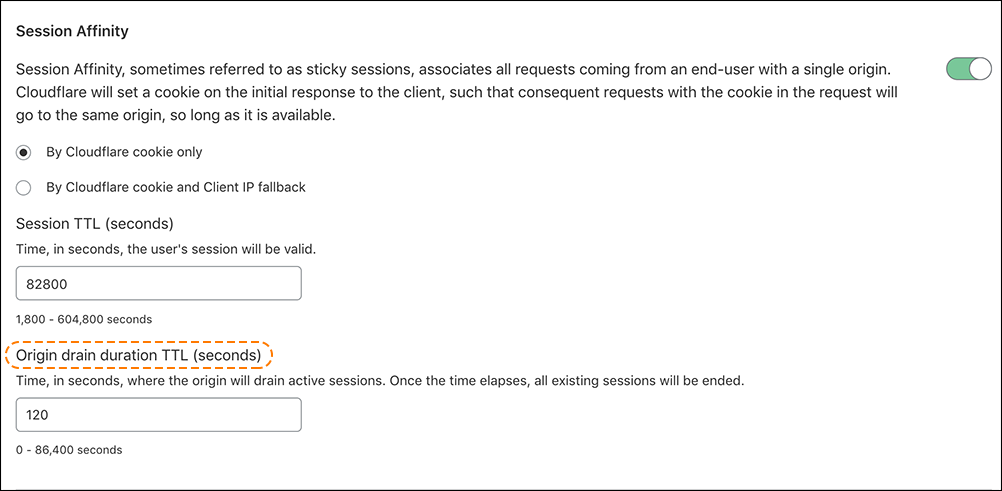 Session affinity configuration with origin drain