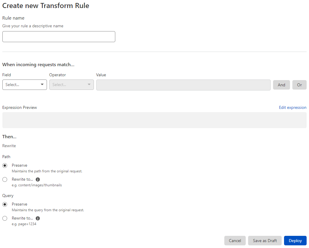 Create Transform Rule page