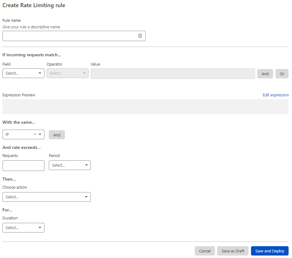 Create Rate Limiting rule page