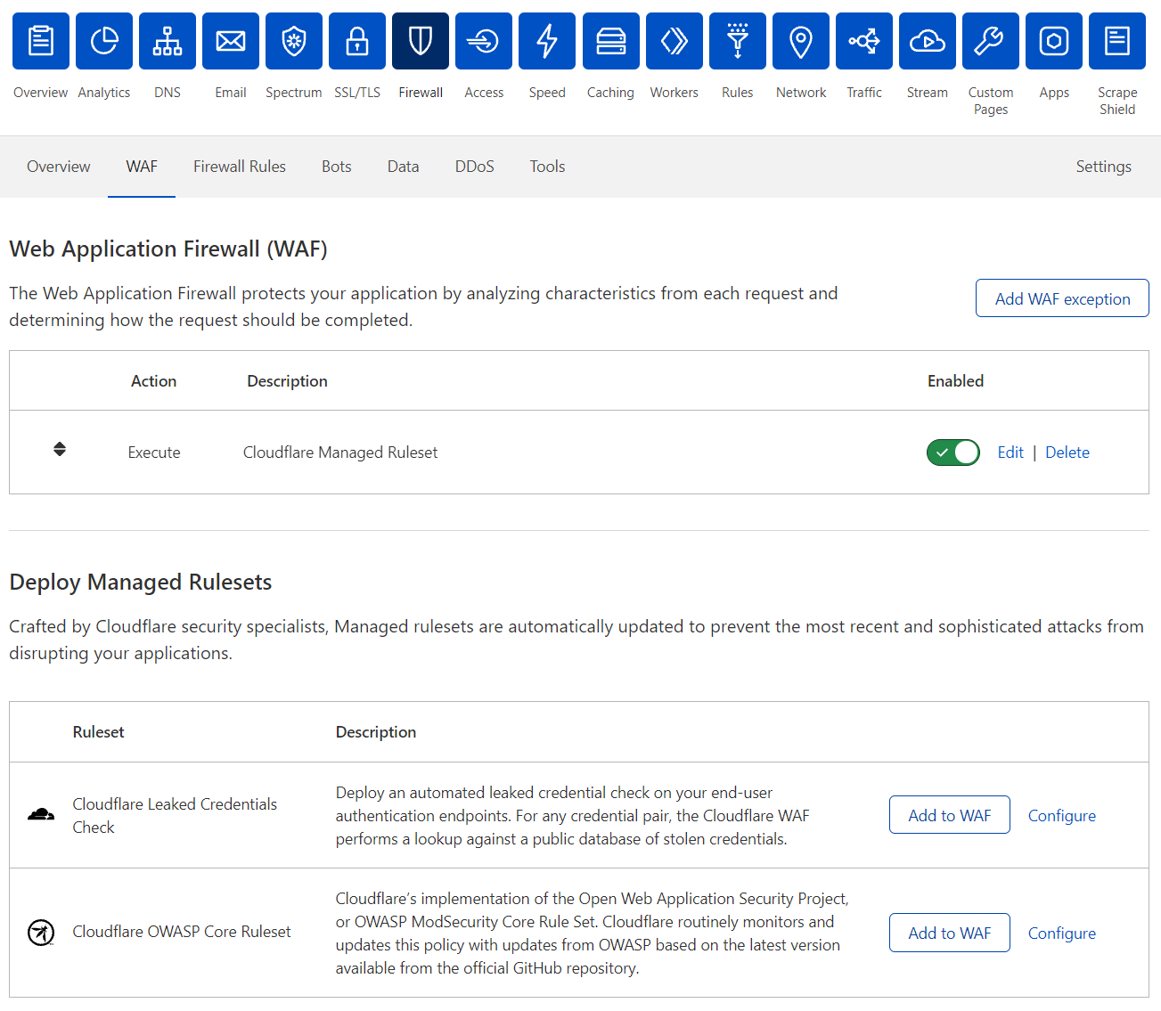 Displays the content of the WAF tab in the Firewall app