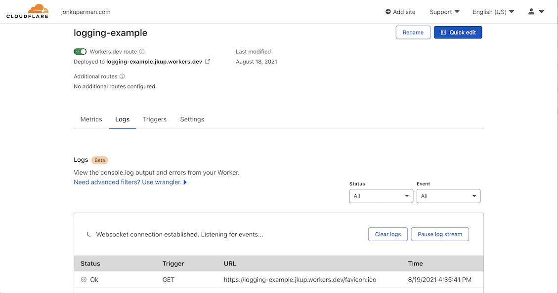 Cloudflare dashboard showing Workers logs